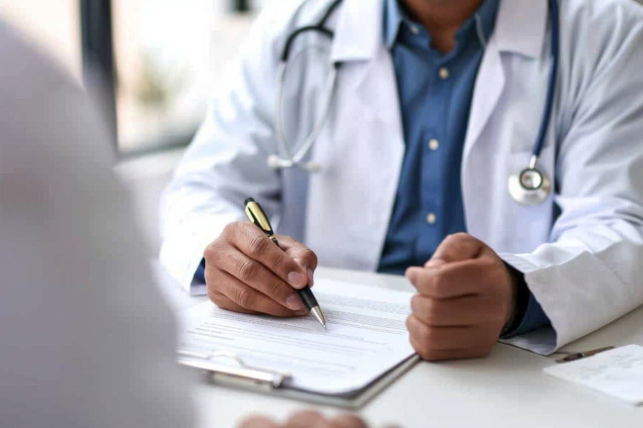 A doctor is writing on paper while sitting at the table.